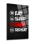Spor Yap Cam Tablo: Eat Sleep Gym Repeat design, motivational wall art for fitness enthusiasts.