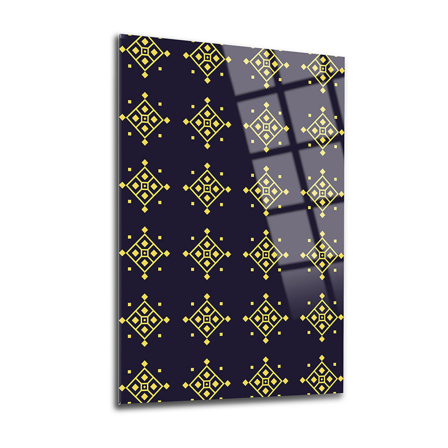 Geometrik desenli cam tablo, mavi arka planda sarı figürlerle zarif bir tasarım, SRD Concept kalitesi.