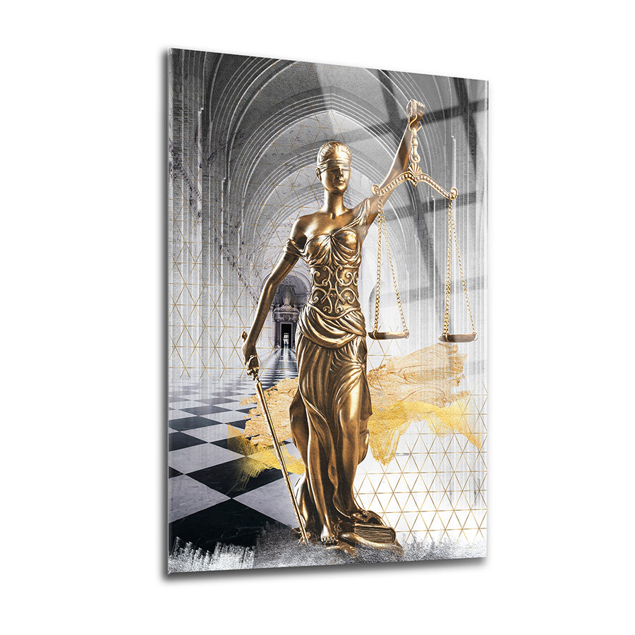 Themis statue art piece, gold figure holding scales in a stylish cam tableau with a grand architectural background.