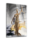 Themis statue art piece, gold figure holding scales in a stylish cam tableau with a grand architectural background.
