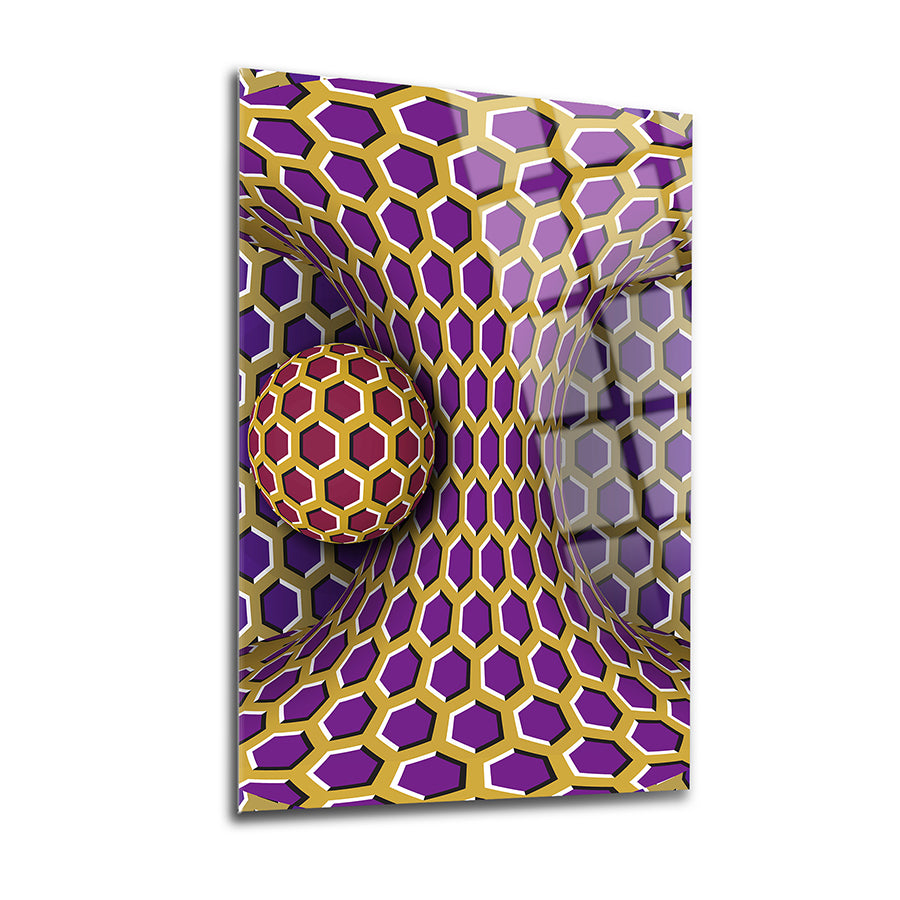 Üç boyutlu küre cam tablo, sarı ve mor arka planda geometrik desenler.