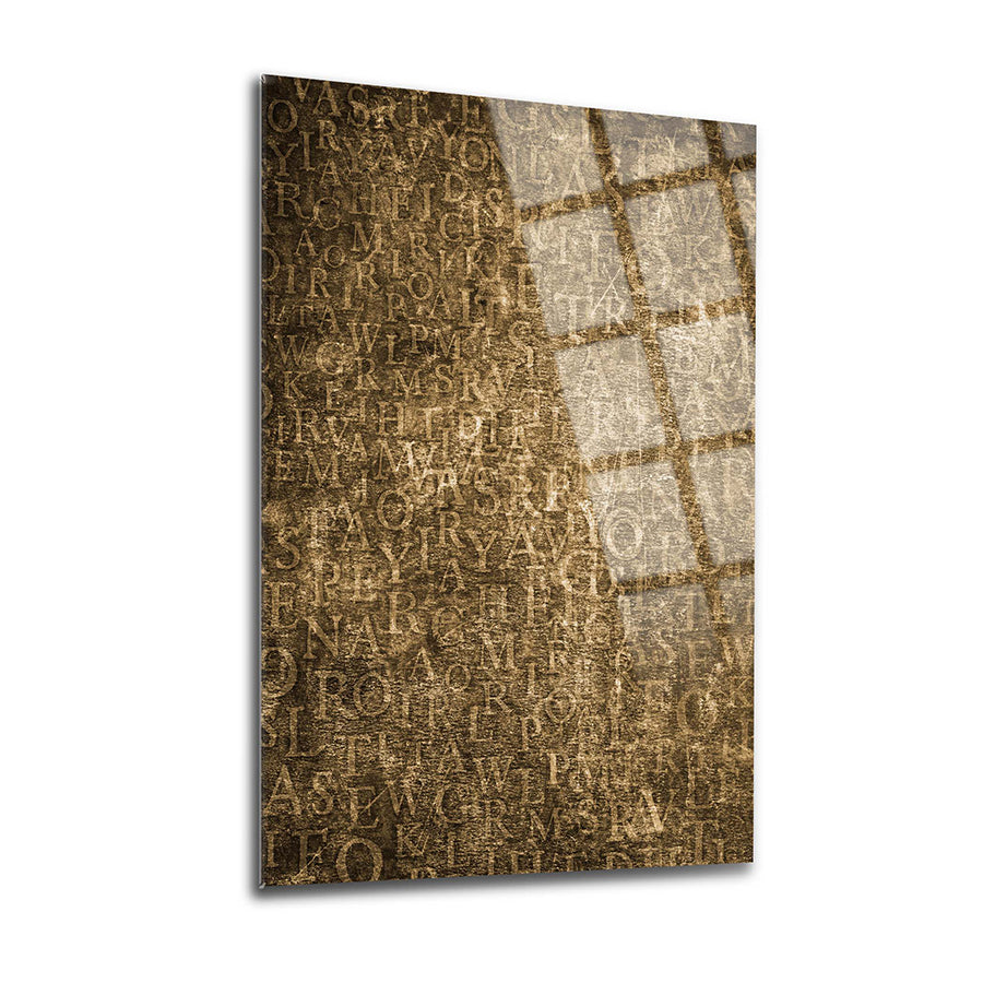 Kumdaki harfler tasarım temalı cam tablo, 4 mm kalınlık, UV baskı, yüksek kaliteli düz cam.