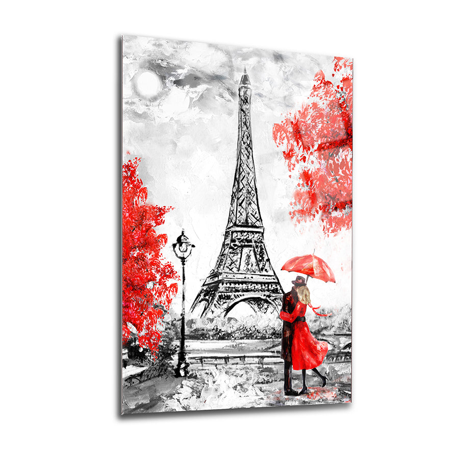 Pariste Aşk Cam Tablo with couples under an umbrella near the Eiffel Tower, featuring vibrant red accents.