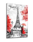 Pariste Aşk Cam Tablo with couples under an umbrella near the Eiffel Tower, featuring vibrant red accents.