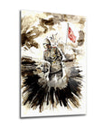 Atatürk 18 Cam Tablo featuring a soldier holding a flag, illustrated in a dramatic style with earthy tones.