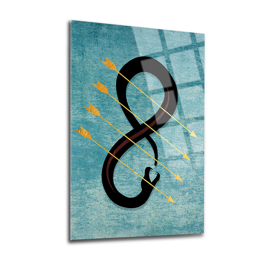 Yılan okları temalı şık cam tablo, UV baskı ile zarif bir sanat eseri, dayanıklı ve modern dekorasyon.