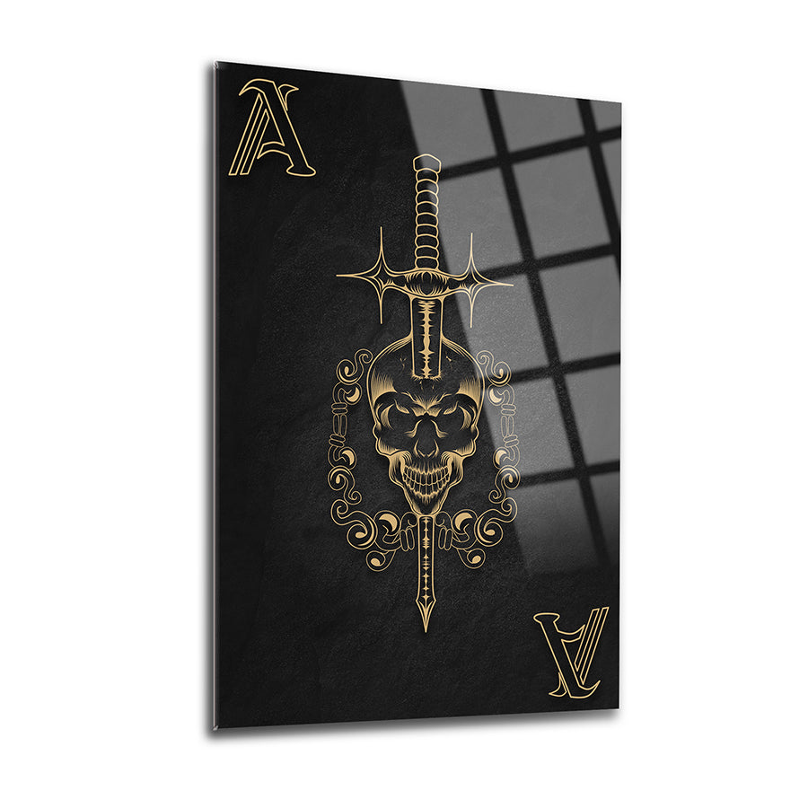 As Kuru Kafa Cam Tablo with a gold skull and sword design, stylish home decor on a black background.