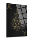 As Kuru Kafa Cam Tablo with a gold skull and sword design, stylish home decor on a black background.