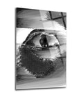 Abstract black and white eye art print on glass, featuring a modern glitch effect design.