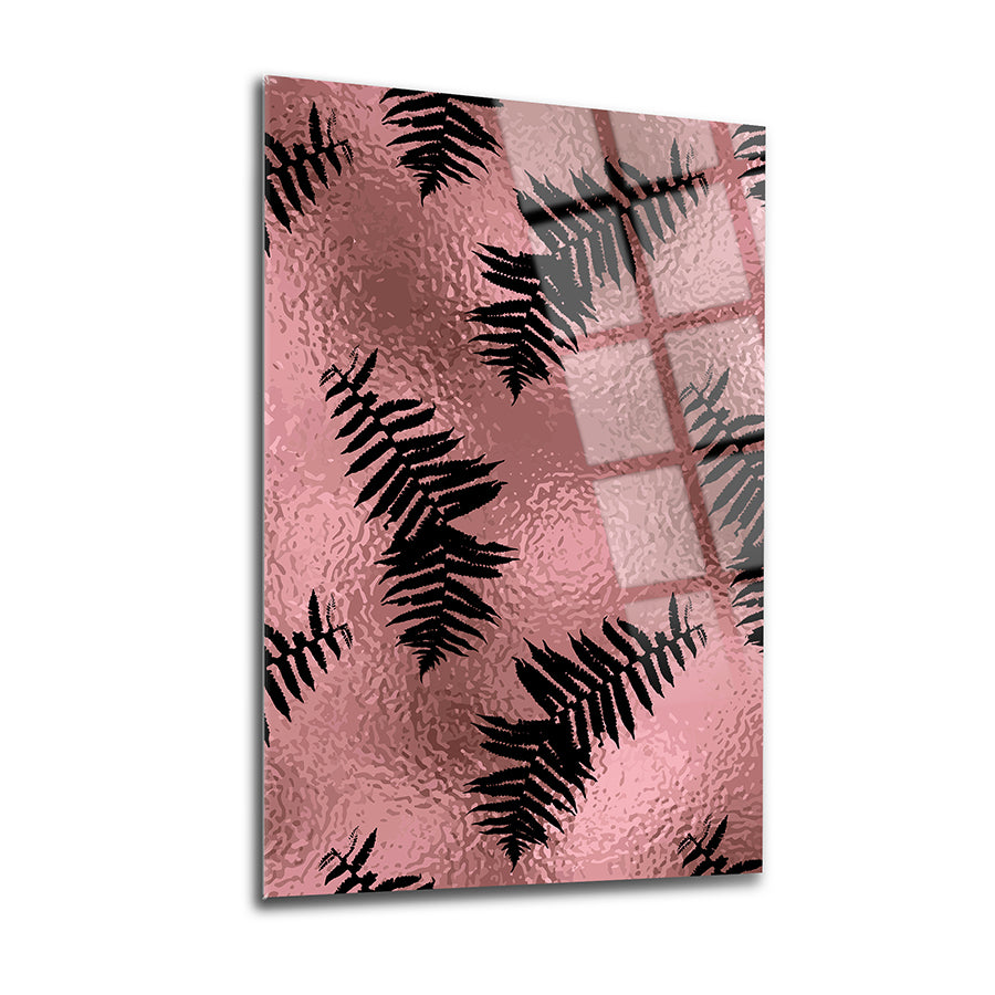 Modern glass wall art featuring pink and black fern leaf design in a textured finish.