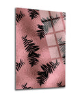 Modern glass wall art featuring pink and black fern leaf design in a textured finish.