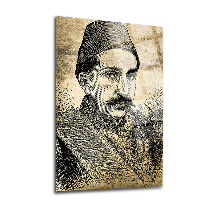 Abdülhamithan Portre Cam Tablo, yüksek kaliteli UV baskı ile tasarlanmış, 4 mm kalınlığında temperli cam.