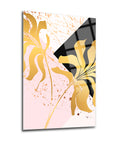 Gold floral art on pink background in a modern 3-piece glass frame set, perfect for stylish home decor.