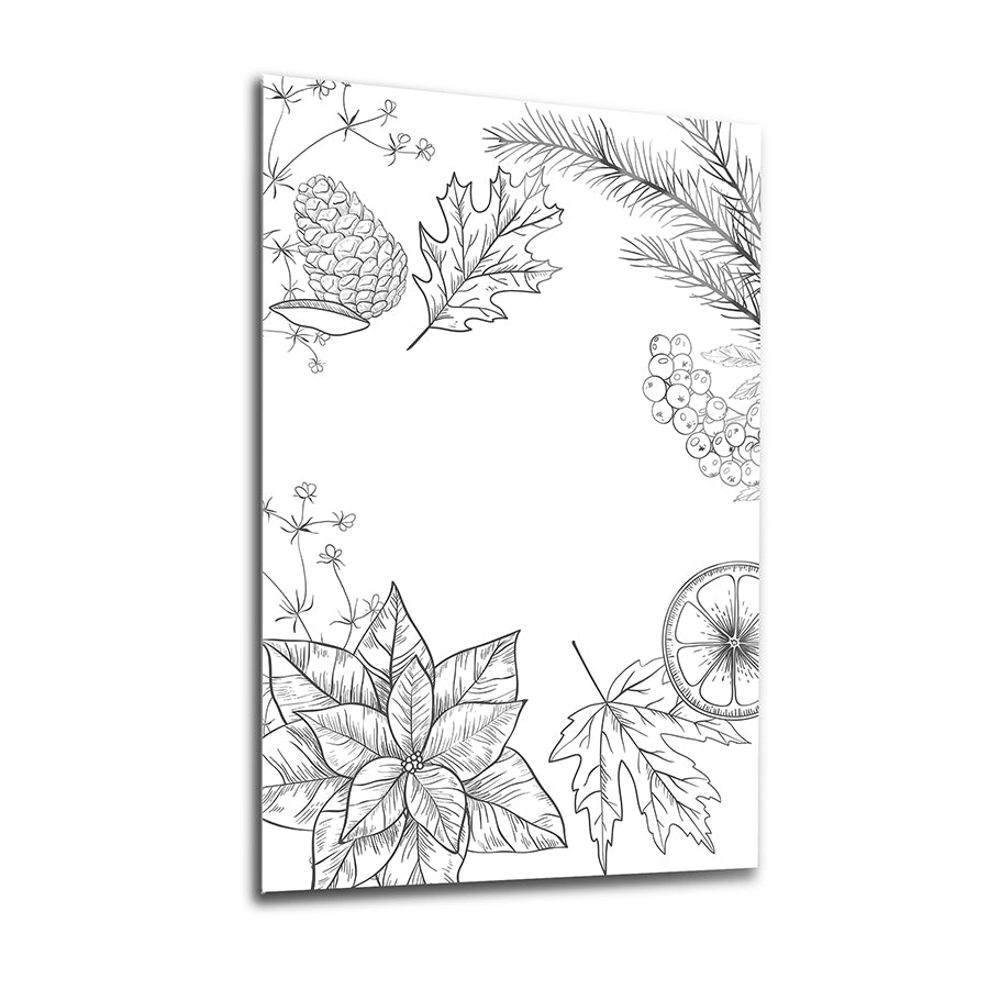 Geometrik desenli siyah-beyaz çizim, yapraklar ve çiçeklerle süslenmiş tablonun kenarları.