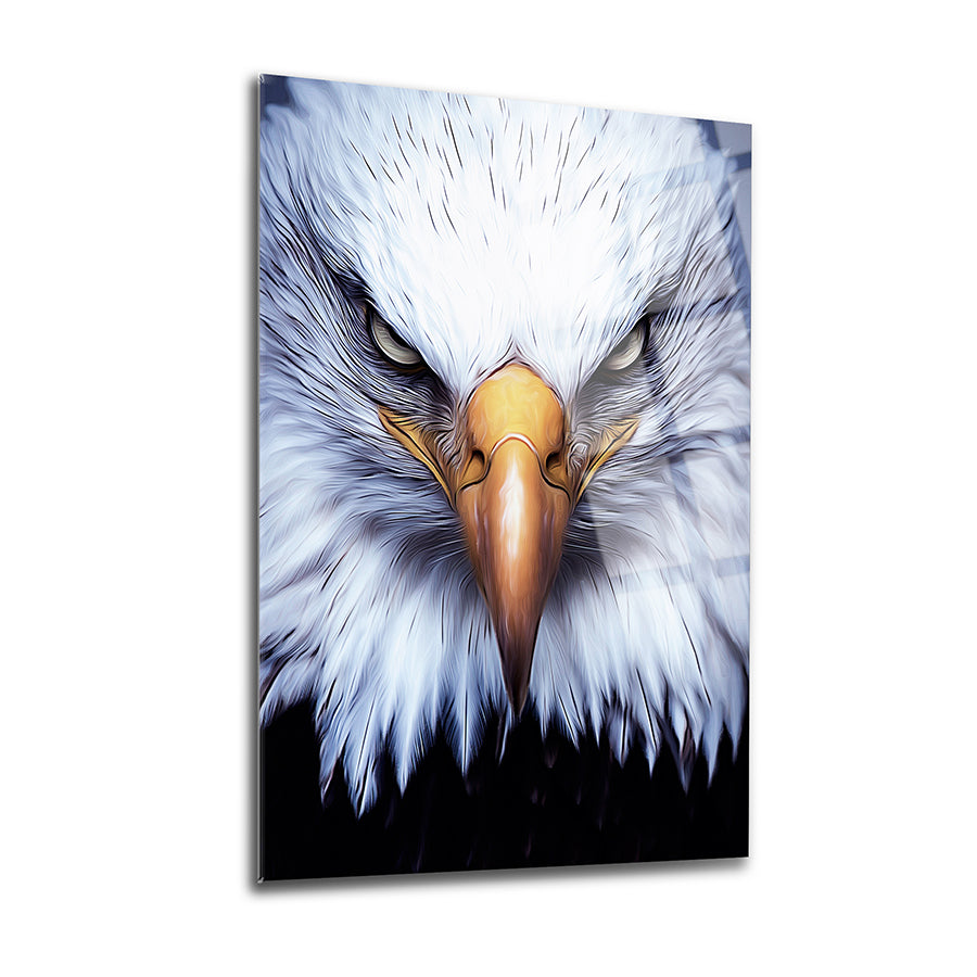 Stunning close-up of a fierce eagle head on a high-quality glass panel for modern wall decor.