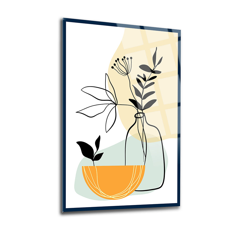 Modern glass artwork featuring minimalist plants in vases with vibrant colors, adding elegance to any space.