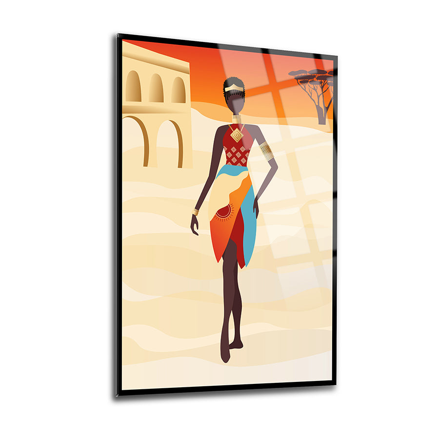 Afrikalı kadın temalı 3'lü set cam tablo, modern tasarım ve UV baskı ile zarif dekorasyon.