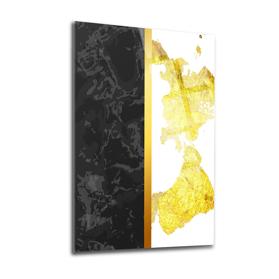 Geometrik Desen-5 cam tablo, 4 mm kalınlığında, modern altın ve siyah tasarım, yüksek kaliteli UV baskı.