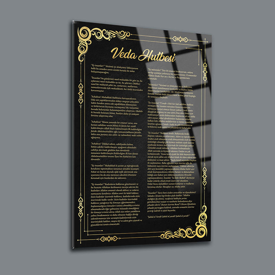 Veda Hutbesi Cam Tablo with gold detailing on black glass, showcasing elegant design and UV printing.