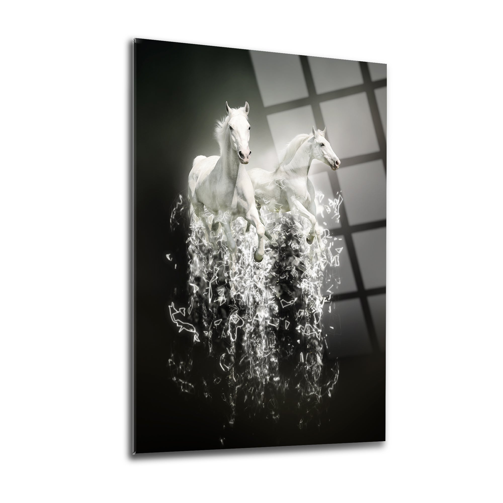 Kristal Atlar Cam Tablo featuring two elegant white horses emerging from water, showcasing stunning UV print design.