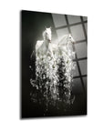 Kristal Atlar Cam Tablo featuring two elegant white horses emerging from water, showcasing stunning UV print design.