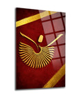 Mevlevi Cam Tablo with gold swirling design on red background, showcasing high-quality UV printing on tempered glass.