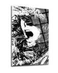 Artistic black and white glass wall art depicting an expressive face with a dramatic scream effect.