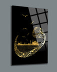 Vav İstanbul Cam Tablo featuring intricate gold design against a black background, showcasing Istanbul's skyline.