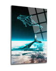 Artistic glass wall art featuring a glowing whale design against a cosmic background.