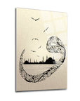 Vav İstanbul Cam Tablo with detailed calligraphy and silhouette of Istanbul skyline, elegant home décor.