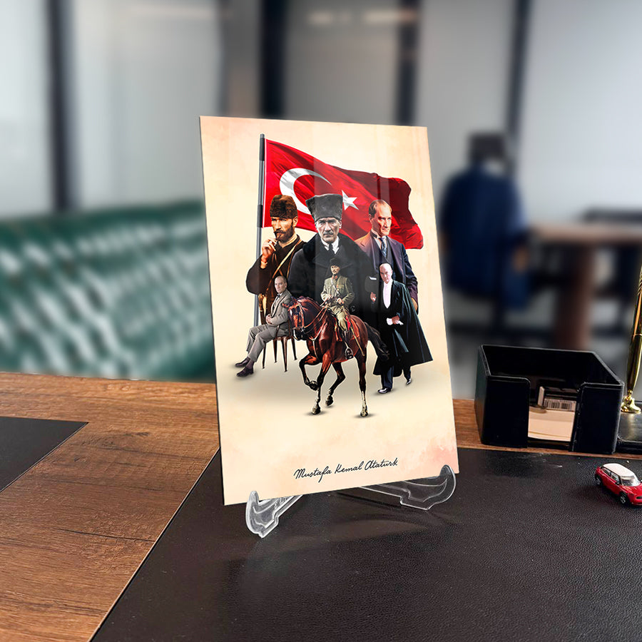 Atatürk 236 Cam Tablo depicting Atatürk with the Turkish flag and historical figures.