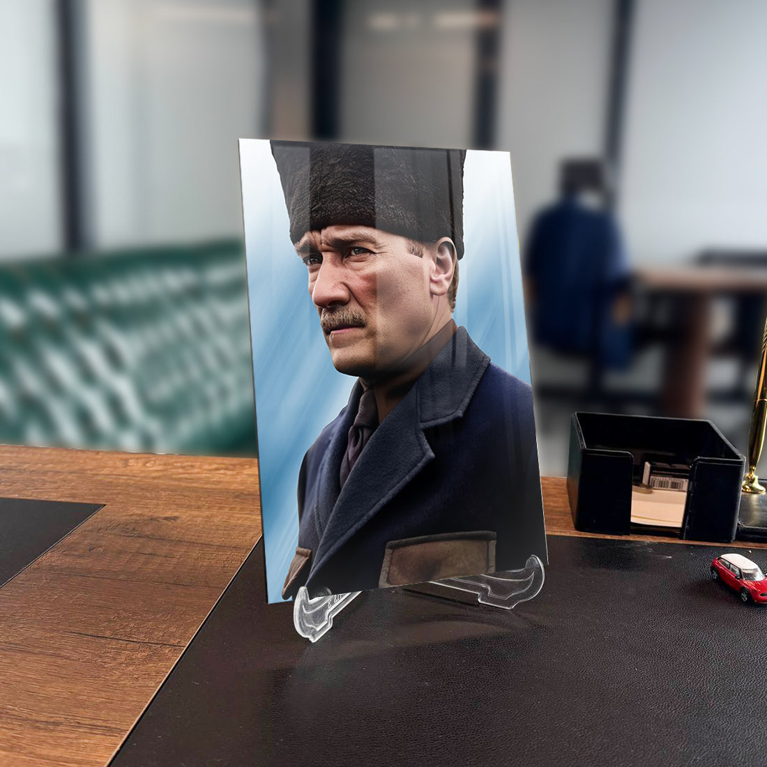 Atatürk 225 Cam Tablo on display, showcasing a high-quality UV printed glass design in a modern office setting.