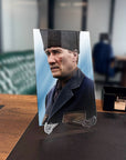 Atatürk 225 Cam Tablo on display, showcasing a high-quality UV printed glass design in a modern office setting.