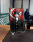 Atatürk glass plaque displaying Turkish flag, high-quality tempered glass with UV printing, modern office decor.