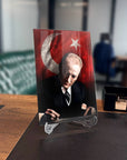 Atatürk glass art piece capturing the Turkish flag, perfect for home or office decor.