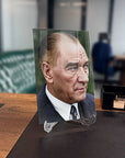 Atatürk 227 Cam Tablo displayed on a stylish desk, featuring a high-quality glass design with UV printing.