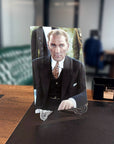 Atatürk 144 Cam Tablo on display in a stylish office setting, showcasing high-quality UV printing on glass.