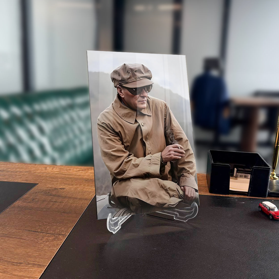 Atatürk 188 Cam Tablo on a desk, showcasing a unique glass design with UV printing, perfect for home or office decor.