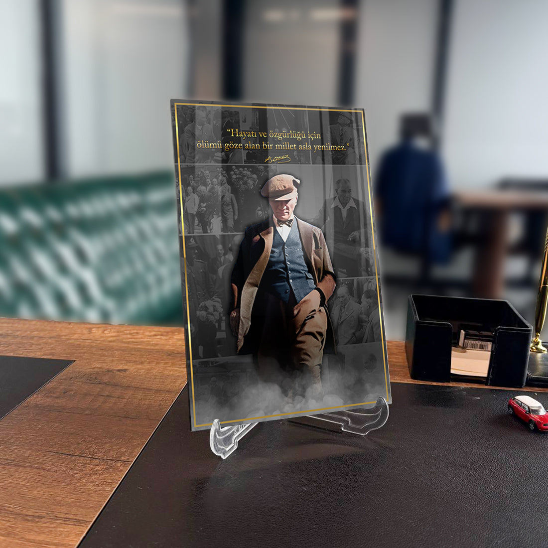 Atatürk 224 Cam Tablo with quote on elegant display in a modern office setting.