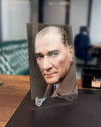 Atatürk 135 Cam Tablo on a desk, showcasing high-quality UV printing on tempered glass surface.