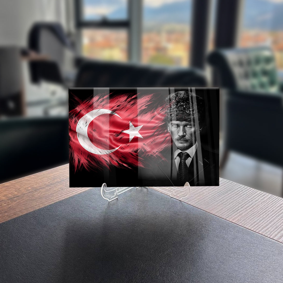 Atatürk 182 Cam Tablo with Turkish flag design, high-quality tempered glass art piece on display.