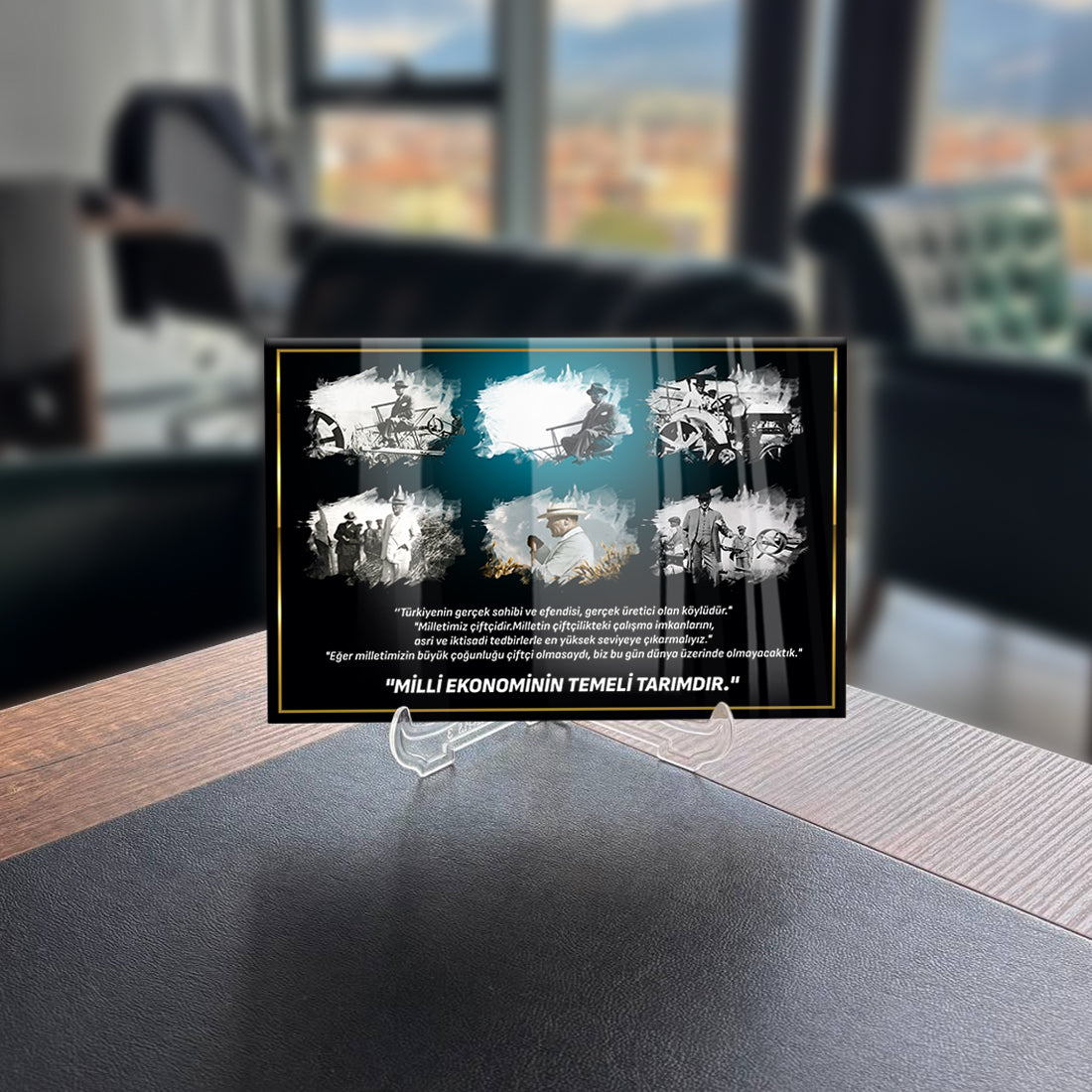 Atatürk 222 Cam Tablo with motivational quotes and historical images on a stylish display.