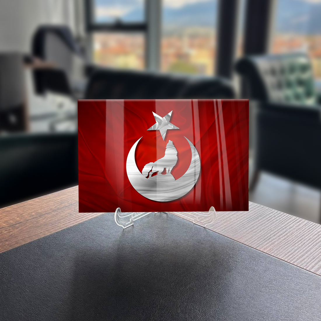 Bozkurt Ayyıldız 1 cam tablo, Türkiye temalı UV baskı, 4 mm kalınlıkta yüksek kaliteli temperli cam.