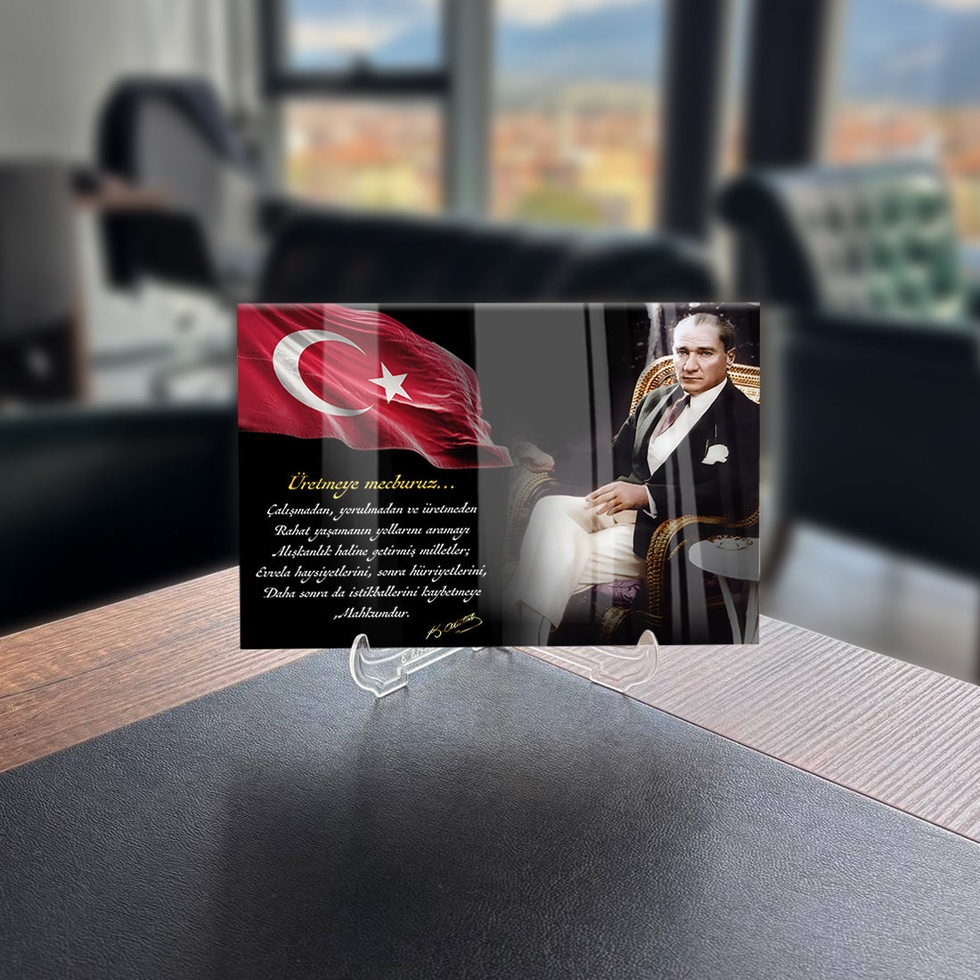 Atatürk 170 Cam Tablo with Turkish flag, displaying a portrait and inspiring message on glass.
