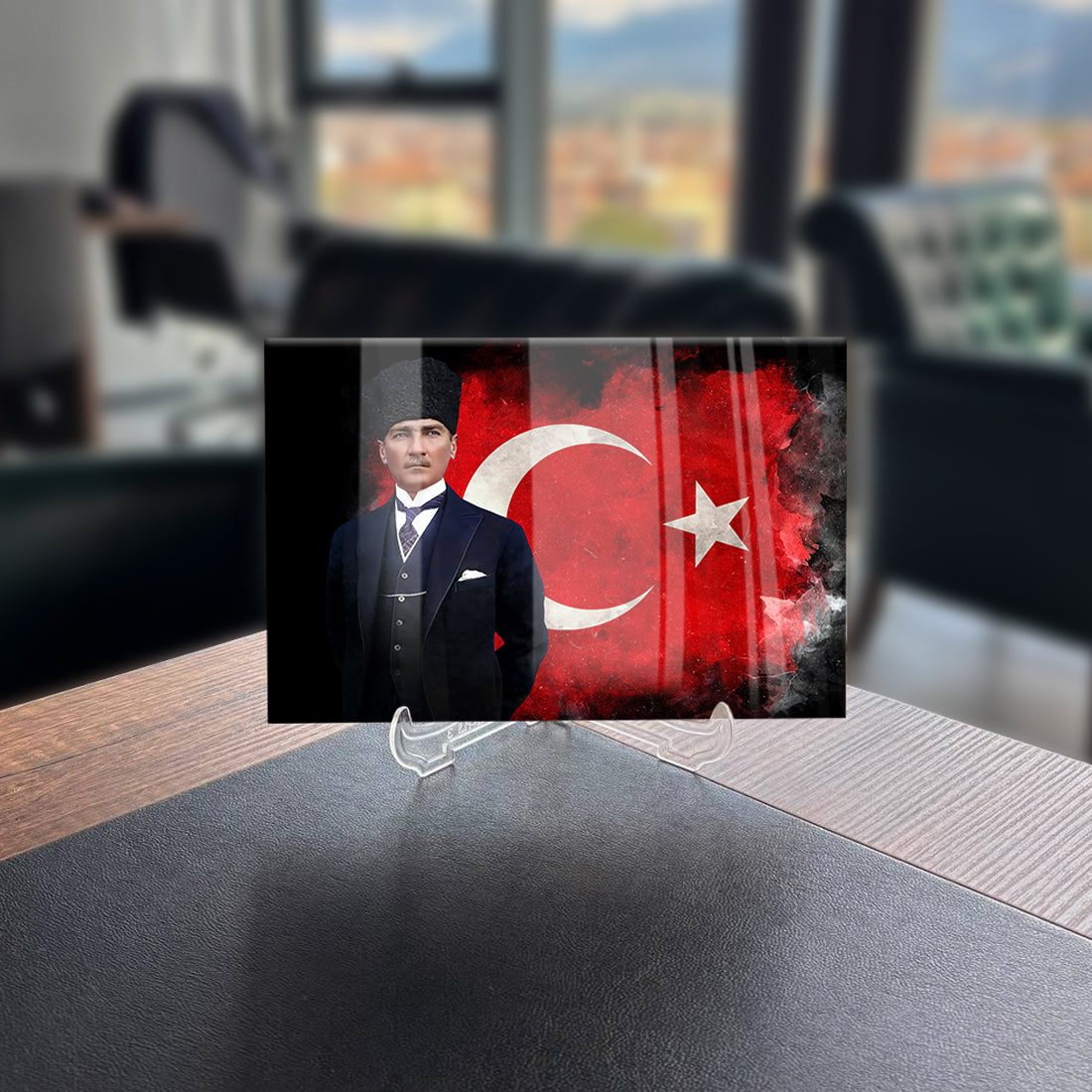 Atatürk 178 Cam Tablo featuring a distinguished figure against a Turkish flag background, showcasing high-quality design and craftsmanship.