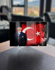 Atatürk 178 Cam Tablo featuring a distinguished figure against a Turkish flag background, showcasing high-quality design and craftsmanship.