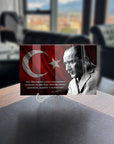 Atatürk 197 cam tablo with Turkish flag design on high-quality tempered glass, showcasing a timeless art piece.