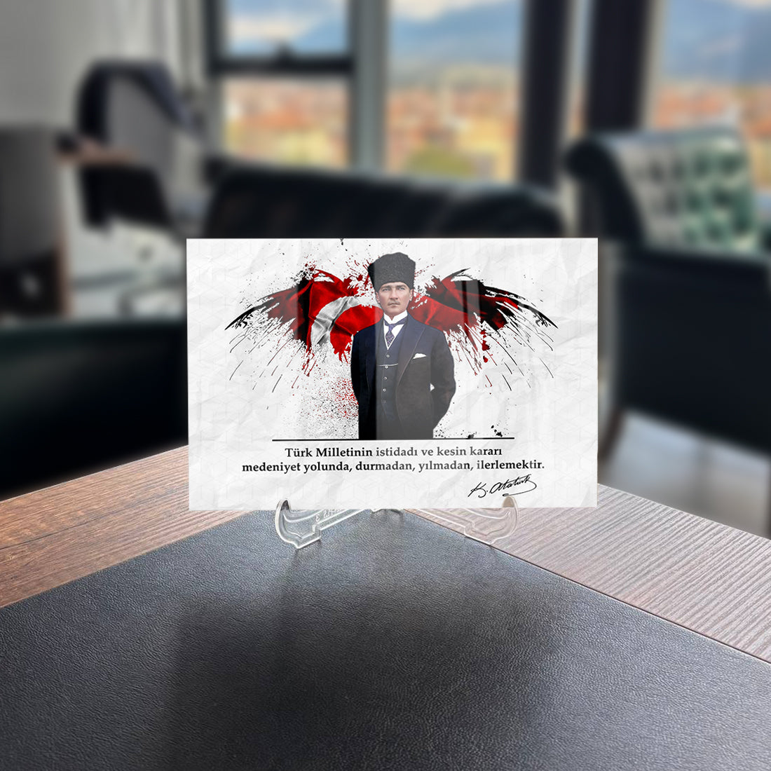 Atatürk 203 Cam Tablo featuring a portrait of Atatürk with artistic Turkish flag background.