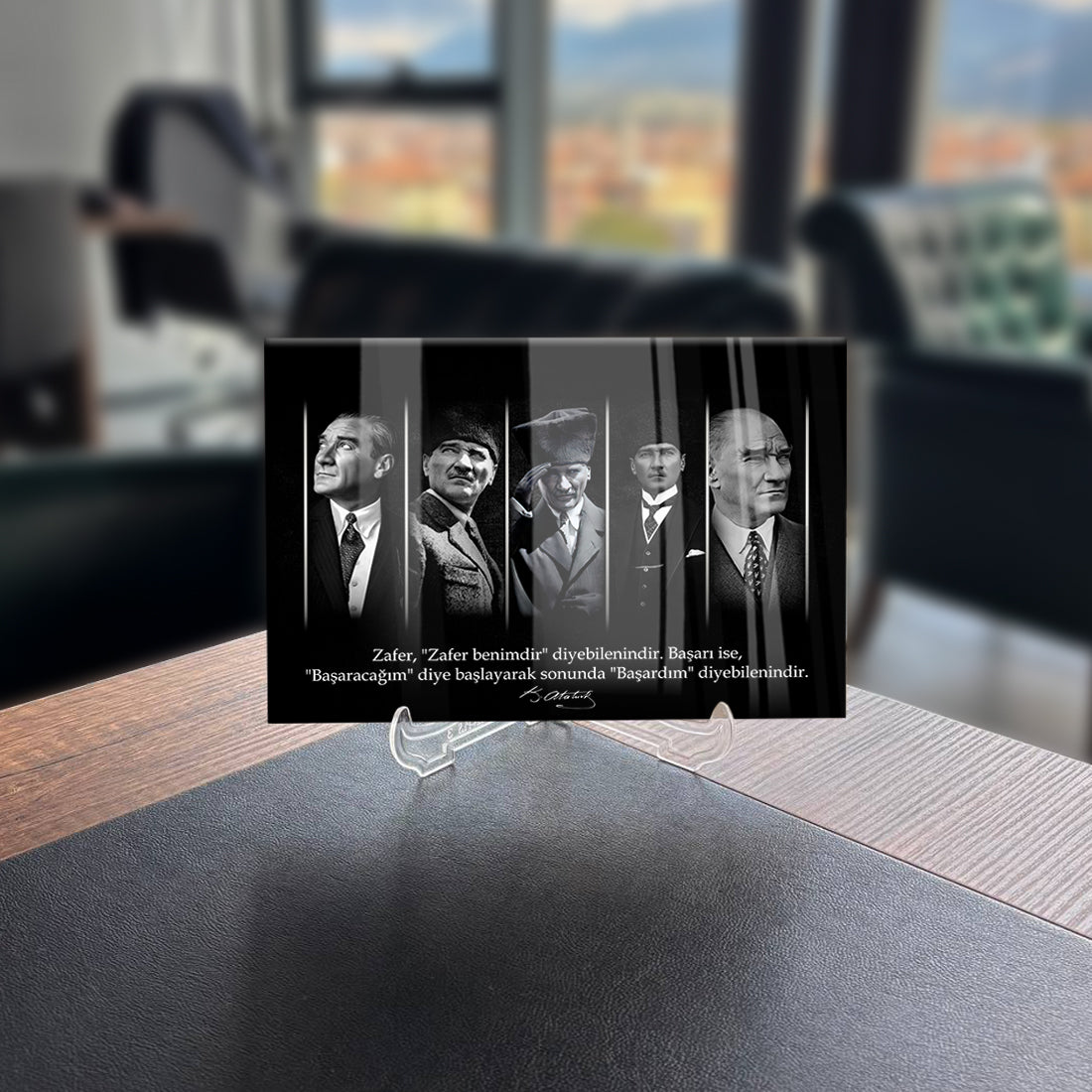 Atatürk 200 Cam Tablo with black and white portraits, showcasing historical figures and inspirational quotes.