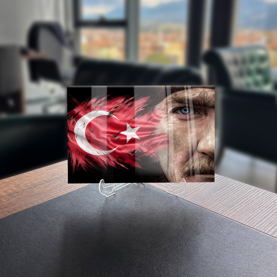 Atatürk 219 Cam Tablo featuring a striking design with Turkish flag and portrait, made from durable tempered glass.